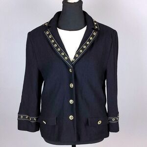 St. John Collection Grommet Santana Knit‎ Blazer Womens Black Gold Accent Jacket